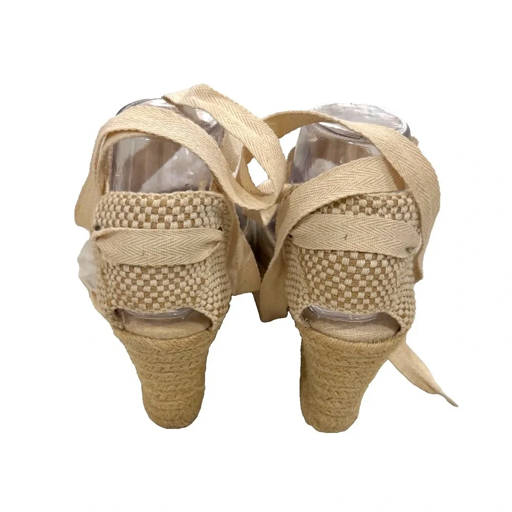 Soludos Floral Embroidered Espadrille Wedge Shoes Lace Up Ankle Tie Beige Size 7